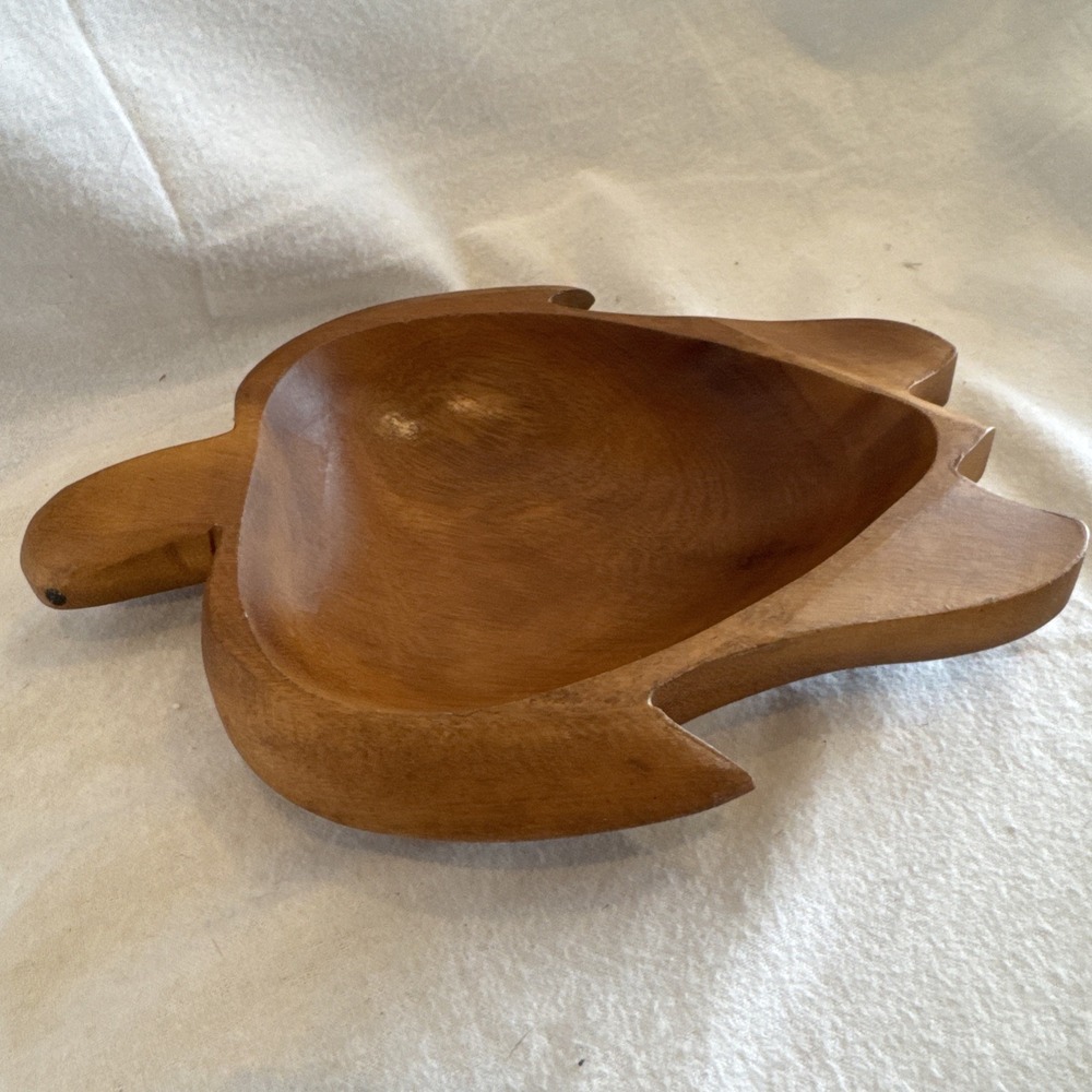 Vintage Monkey Pod Wood Sea Turtle Shaped Bowl - 10x7.5"x2" Handcrafted Keys Nut
